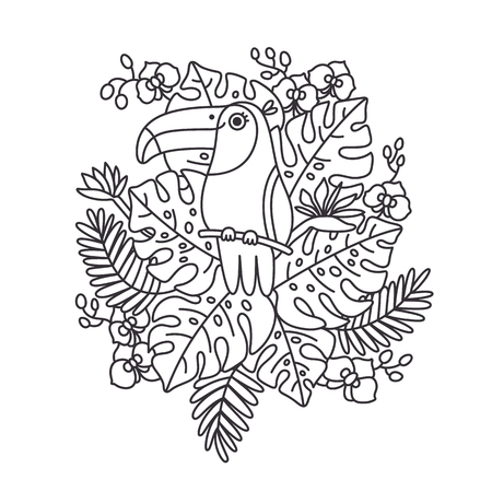 Toucan bird is sitting on a branch in tropical leaves and flowers. Print for coloring book for children and adults.のイラスト素材