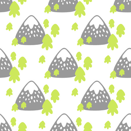 Seamless pattern with mountain, trees, snow, on a white background. Excellent design for packaging, wrapping paper, textile, clothes and etc.のイラスト素材