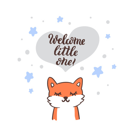 Cute fox and the hand-drawing quote: Welcome little one! in a trendy calligraphic style. It can be used for card, mug, brochures, poster, t-shirts etc.のイラスト素材