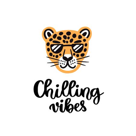 Handwritten phrase: Chilling vibes. Leopard with glasses smiling. It can be used for card, brochures, poster, flyer, t-shirt, promotional materials.のイラスト素材