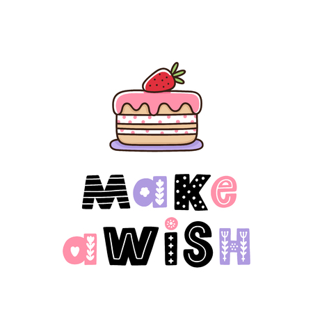 Strawberry cake with the inscription: Make a wish, in Scandinavian style. Excellent design for card, sticker, patch, poster etc.のイラスト素材