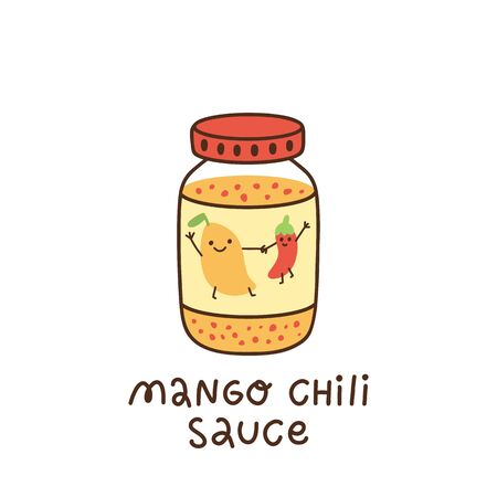 Jar of mango chili sauce, on the label drawn cute characters dancing mango and pepper. It can be used for menu, banner, poster and other marketing materials.のイラスト素材