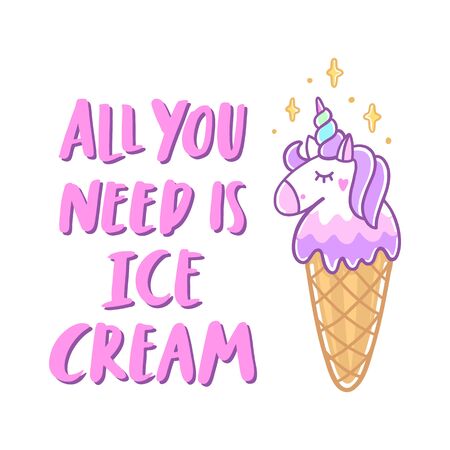 Unicorn ice cream with stars and funny quote: All you need is ice cream, on white background. It can be used for menu, banner, poster and other marketing materials. Vector Image. のイラスト素材