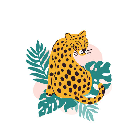 Leopard with palm leaves on a white background. It can be used for sticker, patch, phone case, poster, t-shirt, mug and other design.のイラスト素材