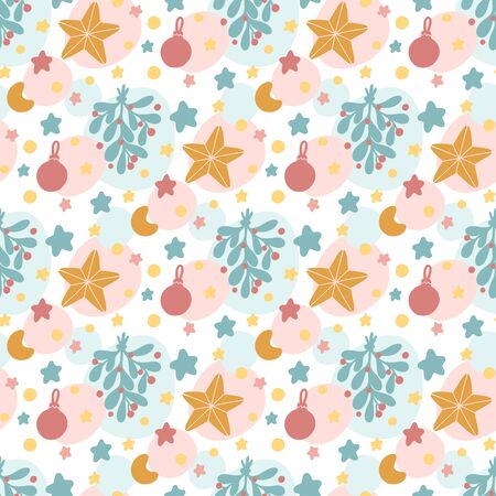 Seamless pattern with christmas decorations: mistletoe, stars, moon. Ð¡reative print for apparel, nursery decoration, textile, packaging, wrapping paper, etc.のイラスト素材
