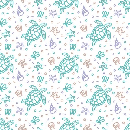 Seamess pattern with turtle, seashells, starfish and pearls on a white background. Ð¡reative print for apparel, textile, packaging, wrapping paper etc.のイラスト素材