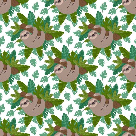 Seamess pattern with sloth and exotic tropical leaves. Ð¡reative print for apparel, nursery decoration, textile, packaging, wrapping paper etc.のイラスト素材