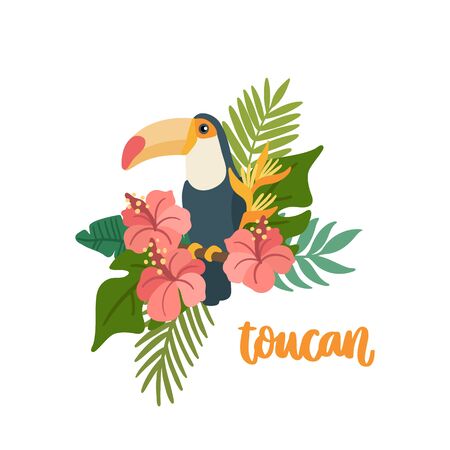 Toucan with tropical flowers and palm leaves. Beautiful animal print for home decor, card, mug, brochures, poster, t-shirts etc. Modern vector illustration.のイラスト素材