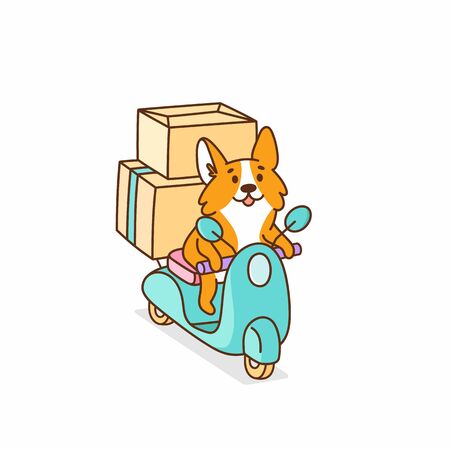 Welsh corgi dog rides on a motobike, with cardboard boxes. It can be used for card, brochures, poster, sticker etc. Vector image isolated on white background.のイラスト素材