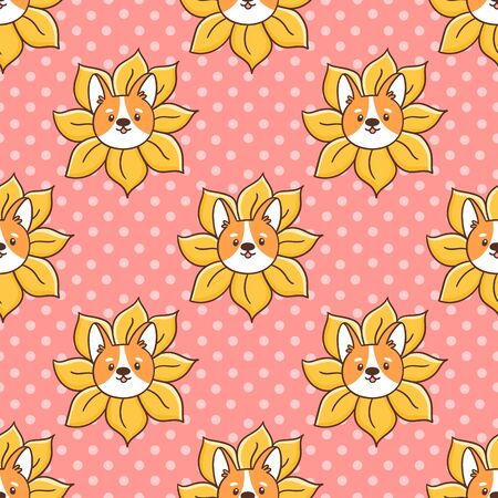 Cute seamless pattern with corgi dog peeks out of a sunflower, on a pink background. It can be used for packaging, wrapping paper, textile, home decor etc.のイラスト素材