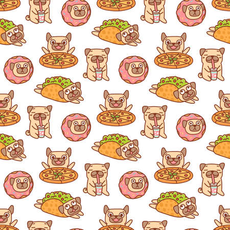 Funny seamless pattern with pug dogs and fast food: pizza, tacos, donut and drink, on a white background. It can be used for packaging, wrapping paper, textile, home decor, menu etc.のイラスト素材