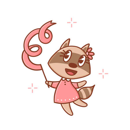 Cute raccoon in a dress smiling having fun. Adorable animal gymnast dancing with a ribbon. Vector illustration isolated on white backgroundのイラスト素材
