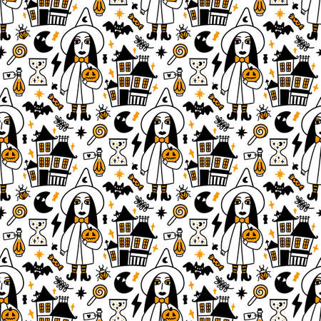 Seamless pattern with spooky Witch, magic old Castle and with Holiday attributesのイラスト素材