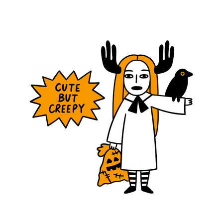 Cartoon character: Creepy Witch with horns, with bag of candy and crow. Inscription: Cute but creepy. Beautiful print for Halloween. Graphic vector illustration.のイラスト素材