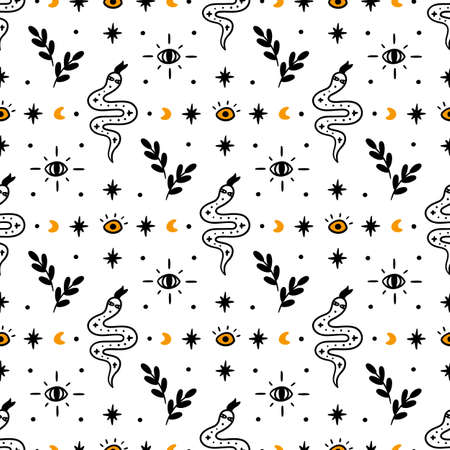 Magic pattern with snakes, herbs, stars, moons, open eyes. Beautiful fabric print. It can be used for packaging, wrapping paper, textile, home decor etc. Graphic vector illustration.のイラスト素材