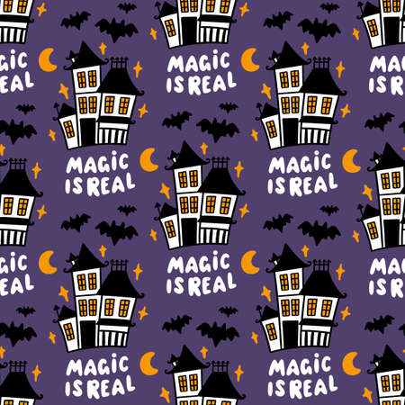 Seamless pattern with magic old Castle and bats on purple background. Beautiful print for Halloween. It can be used for packaging, wrapping paper, textile, home decor etc. Inscription: Magic is real.のイラスト素材