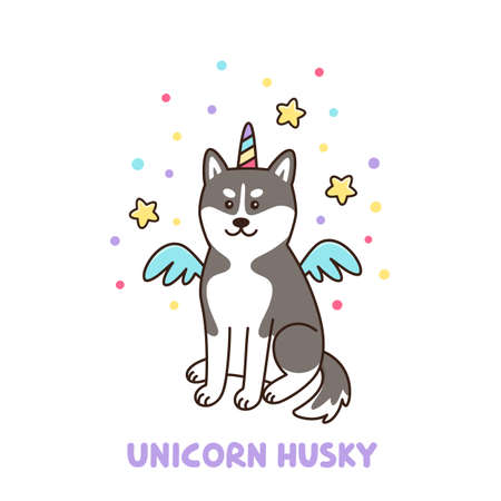 Siberian husky dog in a unicorn costume with colorful horn and wings. Ð¡ute kawaii cartoon vector illustration. It can be used for sticker, patch, phone case, poster, t-shirt, mug and other design.のイラスト素材