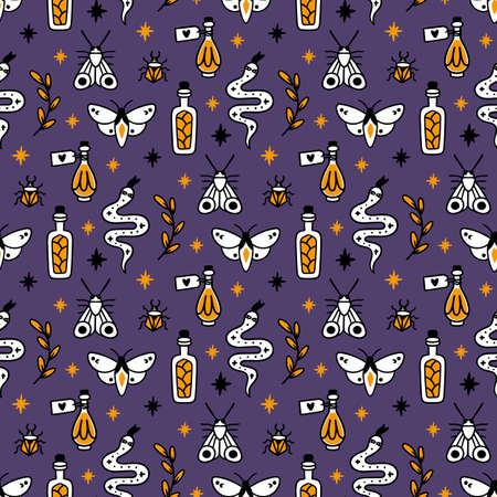 Magic pattern with snakes, herbs, stars, moth, bug, potion in bottles. Beautiful fabric print. It can be used for packaging, wrapping paper, textile, home decor etc. Graphic vector illustration.のイラスト素材