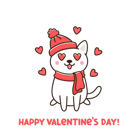White cat in red hat and scarf, in love with hearts in eyes, isolated on white background. Happy Valentine's Day! It can be used for sticker, patch, phone case, poster, t-shirt, mug and other design.のイラスト素材
