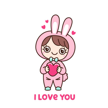 Little girl in pajamas bunny, with heart in hand and text "I love you". Happy Valentine's Day. It can be used for greeting card, poster, mug and other design. Cartoon vector illustration.のイラスト素材