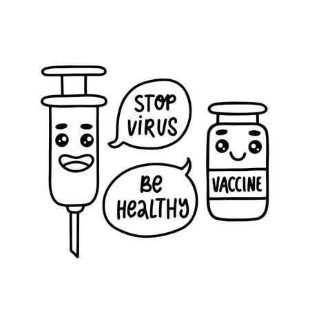 Cute characters syringe and vaccine bottle. Text in bubbles: Stop the virus and Be healthy. Black and white vector illustration of vaccinationのイラスト素材
