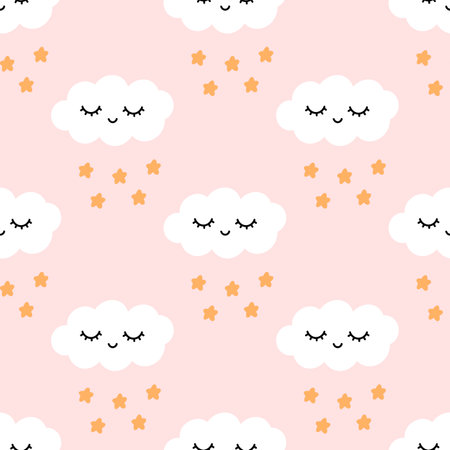 Cute seamless pattern with character cloud and stars. Beautiful print for home decor, textile, packaging, wrapping paper etc. Vector illustration for children in Scandinavian style.のイラスト素材