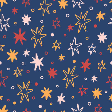 Seamess pattern in Scandinavian style with stars on a dark blue background. Creative print for apparel, nursery decoration, packaging, wrapping paper etc.のイラスト素材