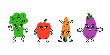 Funny cartoon characters Dancing vegetables: broccoli, pepper, carrot, eggplant on a white background. Colorful veggies in different poses. Vector flat illustration.のイラスト素材