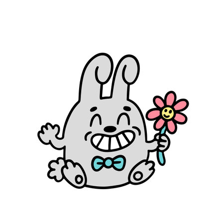 Funny cartoon character Bunny with flower. Vector illustration in doodle style isolated on a white background.のイラスト素材