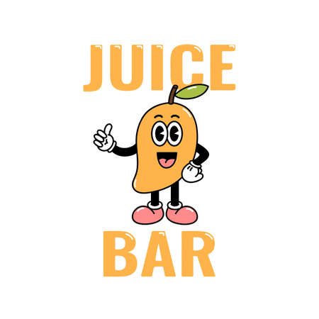Character mango isolated on a white background with sign: Juice Bar. Vector illustration in cartoon vintage style. Exotic delicious fruit.のイラスト素材