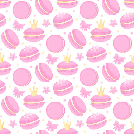 Cute pattern with macaroon (French confection of egg whites, icing sugar, ground almonds and food coloring), with crown, sakura flowers, and bow. Beautiful print design for decor, textile, packaging, wrapping paper etc.のイラスト素材