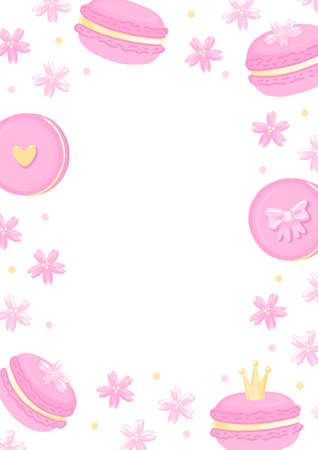 Frame of cute macaroons with crown, sakura flowers, bow and heart. Macaroon - French confection of egg whites, icing sugar, ground almonds.のイラスト素材