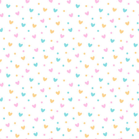 Simless pattern with festive colorful confetti and hearts. It can be used for packaging, wrapping paper, decor etc. Vector illustration on a white background.のイラスト素材