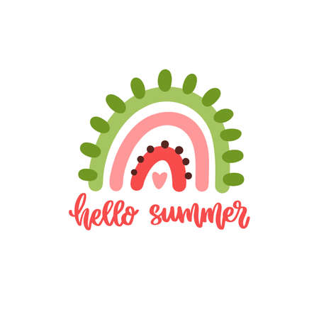 Abstract rainbow like fruit watermelon, heart and hand drawing lettering phrase: Hello summer. Nice design for stickers, t-shirt, card, mug, etc.のイラスト素材