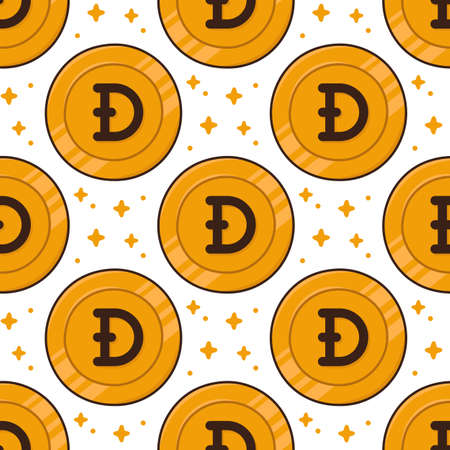 Colorful seamless pattern with golden coin Dogecoin (DOGE) and stars. Dogecoin cryptocurrency icon. Digital currency. Vector background.のイラスト素材