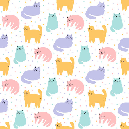 Colorful seamless pattern with hand drawn cats in different poses and confetti. Animals vector illustration with funny pets. Tillable print for apparel, fabric, textile, packaging, wrapping paper.のイラスト素材