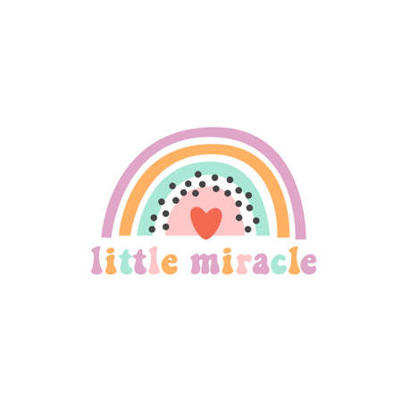 Abstract rainbow and inscription: little miracle. Phrase drawn in a retro 60s style. Vector illustration in Scandinavian style. Beautiful design for cards, kids print, poster, nursery decoration, logo.のイラスト素材