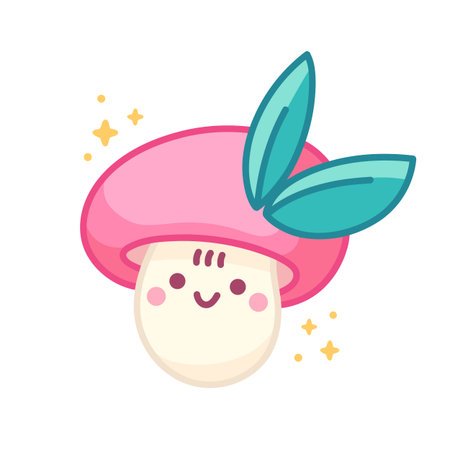 Cute mushroom with pink cape, leaves and stars. Kawaii character isolated on white background. Vector illustration in cartoon styleのイラスト素材