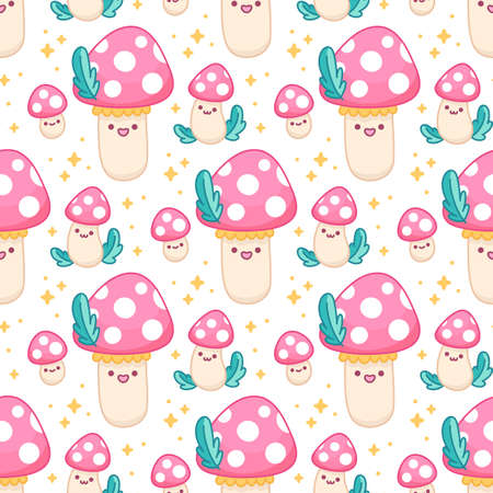 Seamless pattern with cute kawaii mushrooms amanita and leaves, stars. Tileable endless background in cartoon style. Print for stationery supplies, decor, textile, wrapping paper etc.のイラスト素材