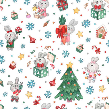 Seamless pattern with new year bunnies, christmas tree, gifts, sweets, decorations, confetti, snowflakes. Watercolor hand painted illustration. Winter holiday print can be used for packaging, wrapping paper, textile, home decorの写真素材