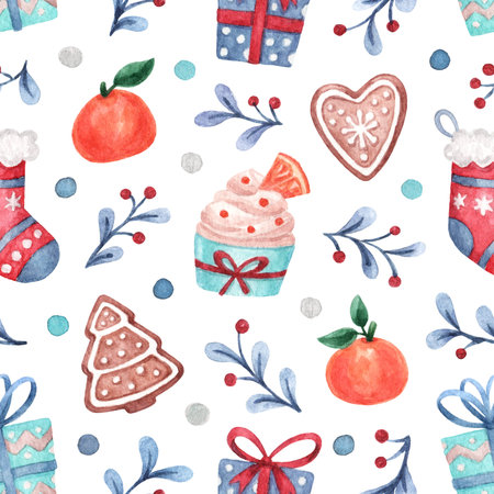 Christmas background with ginger cookie, mistletoe sprigs, orange cupcake, tangerines, gift, Ñhristmas sock. Watercolor hand painted illustration. Winter holiday print for packaging, textile, home decorの写真素材
