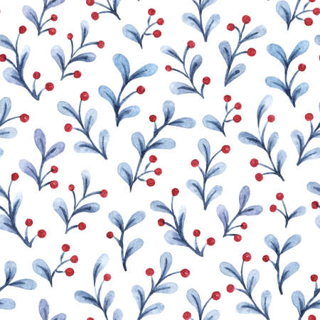 Christmas background of mistletoe sprigs with berries. Watercolor hand painted illustration. Winter holiday print can be used for packaging, wrapping paper, textile, home decorの写真素材
