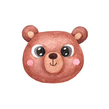 Face or head of cute brown bear. Muzzle of funny animal isolated on white background. Watercolor illustration in cartoon style for childrenの写真素材