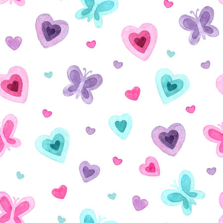 Seamless pattern with watercolor hearts and butterflies, inspired by pop culture fashion of the late 90s and early 2000s. It can be used for packaging, wrapping paper, textile, home decorのイラスト素材