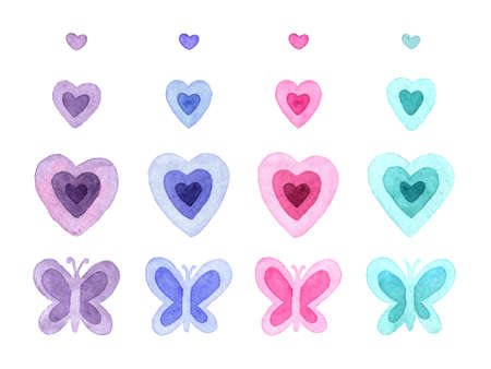 Watercolor set of hand painted elements. Colorful butterflies and hearts, inspired by pop culture fashion of the late 90s and early 2000sのイラスト素材