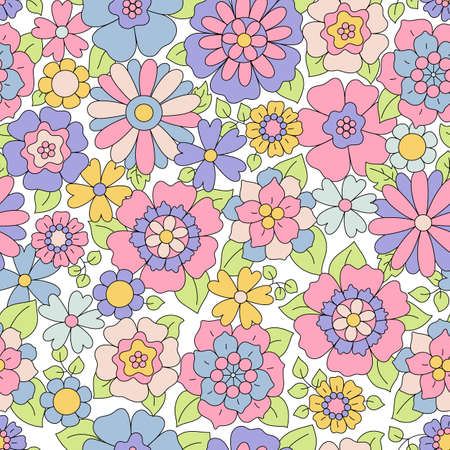 retro seamless pattern. Textile design with different flowers. hippie print. Vintage style 60s 70s. vector illustration.のイラスト素材