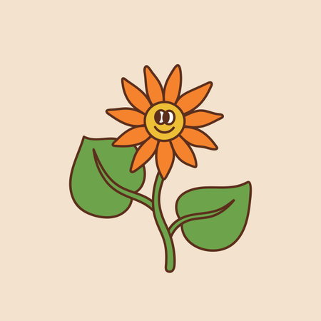 Retro happy sunflower. Colorful vector illustration in vintage cartoon style. Nostalgic 70s 60s design elementsのイラスト素材