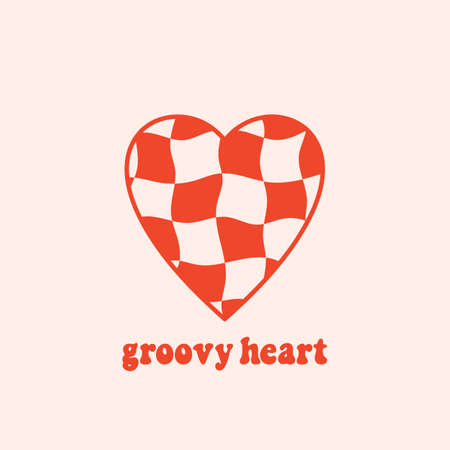 Seventies retro slogan Groovy Heart, with distorted checkered heart. Colorful vector illustration in vintage style. Nostalgic 70s 60s design elementsのイラスト素材