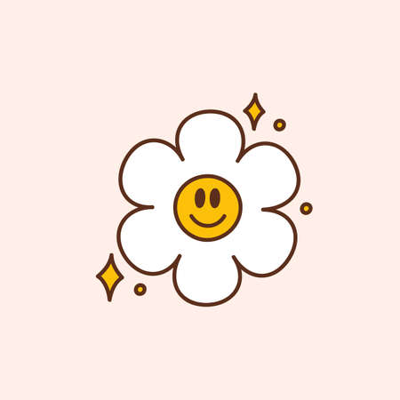Groovy happy daisy flower. Colorful vector illustration in vintage style. Retro 70s 60s design element or iconのイラスト素材