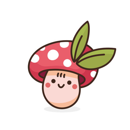 Cute mushroom with red cape and spots. Amanita or fly agaric with green leaves isolated on white background. vector illustration in cartoon styleのイラスト素材
